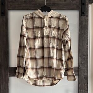 GAP Cream and Brown Plaid Hooded Shirt